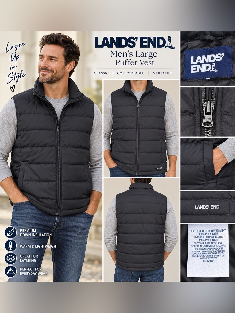 Lands' End Men's Large Black Quilted Full Zip Puffer Vest